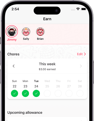Kids earning money screen from Piggy Bank for Kids app