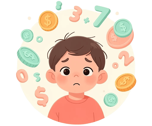 Confused child with floating numbers and coins